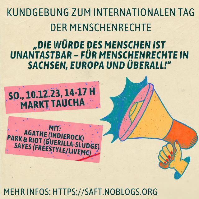 Flyer für die Kundgebung am 10.12.23 zum Internationalen Tag der Menschenrechte